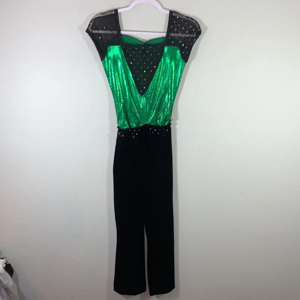 A Wish Come True Yeah! Green Black Leotard Pant Dance Costume Set Girls LC 12-14